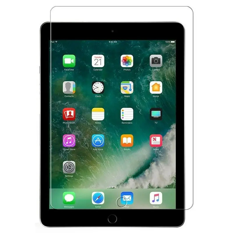 A close-up view of an iPad Pro screen with a clear tempered glass protector applied.