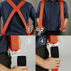 Four images showing the use of orange and black adjustable furniture moving straps for securing items.