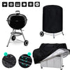 A heavy-duty waterproof BBQ grill cover shown with various accessories and a storage box.