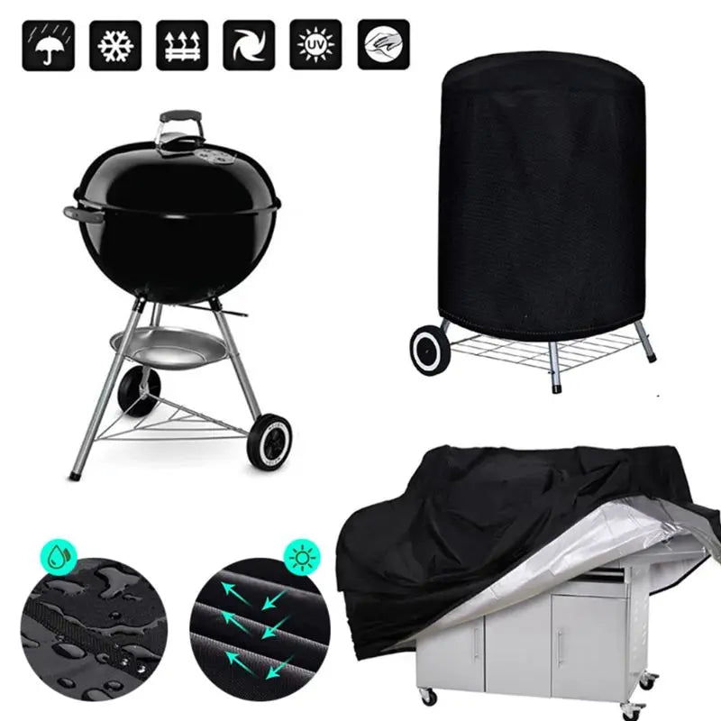 A heavy-duty waterproof BBQ grill cover shown with various accessories and a storage box.