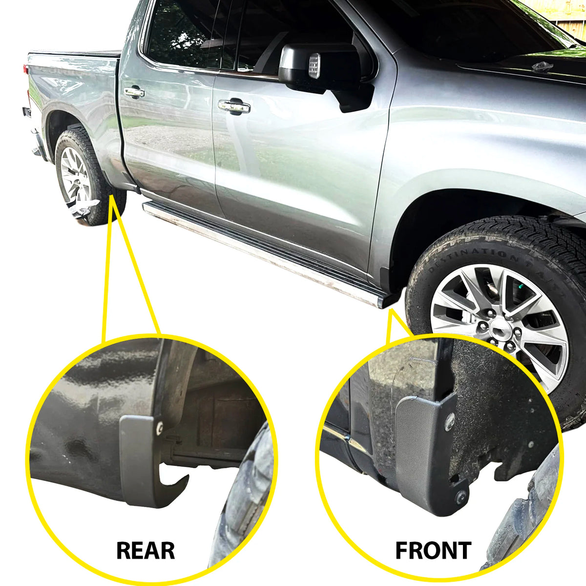Close-up view of rear and front mud flap delete covers for a Chevrolet Silverado 1500 truck.
