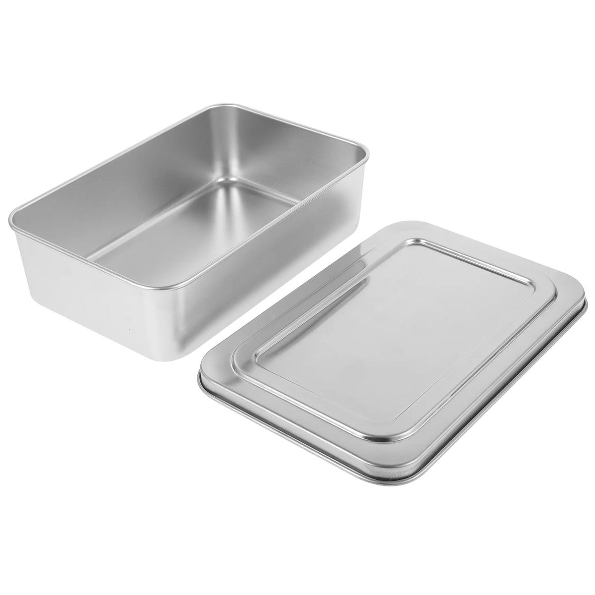 Stainless steel baking pan with a removable lid shown in a silver color.