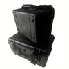 Black portable hard shell toolbox with a foam insert shown from the top and side.
