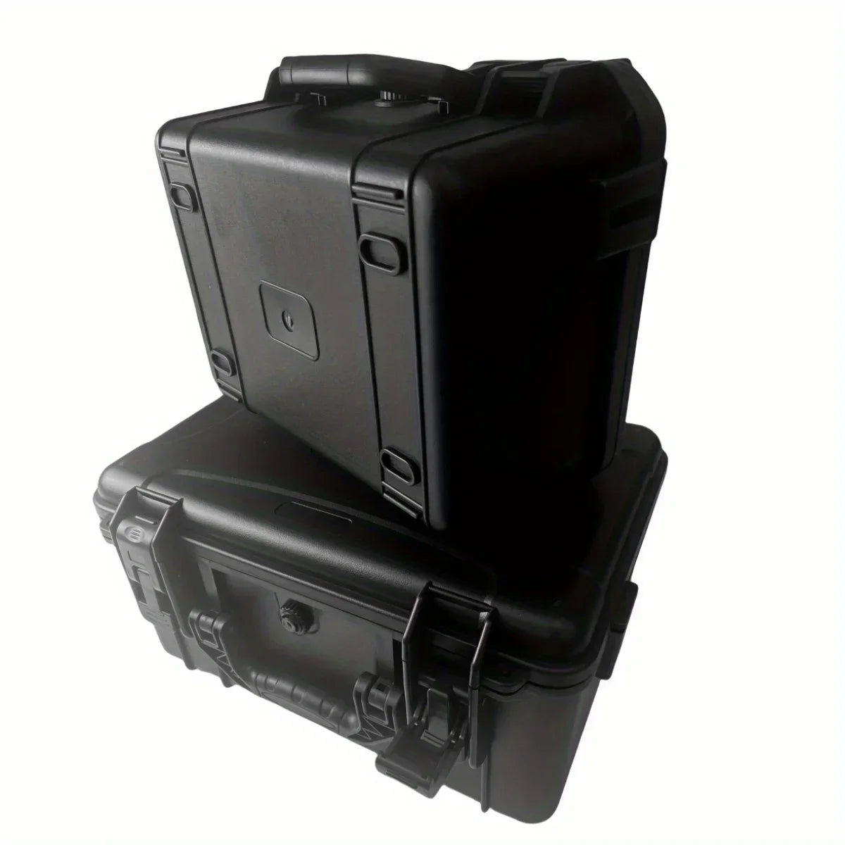 Black portable hard shell toolbox with a foam insert shown from the top and side.
