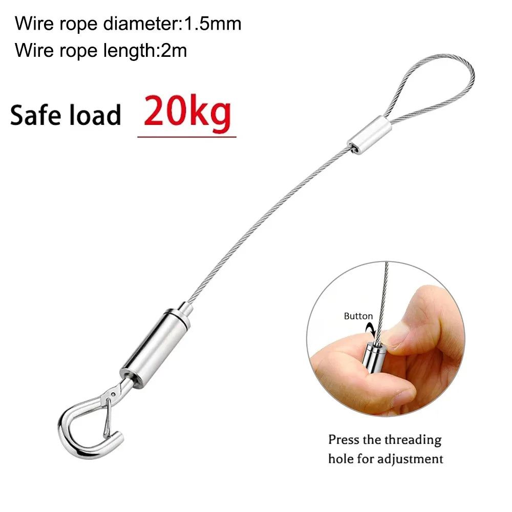 Stainless steel wire rope with a hook and button for hanging, featuring a 1.5mm diameter and 2m length.