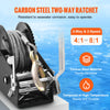 A close-up of a carbon steel two-way ratchet mechanism with a cable and a metal hook, designed for easy operation.