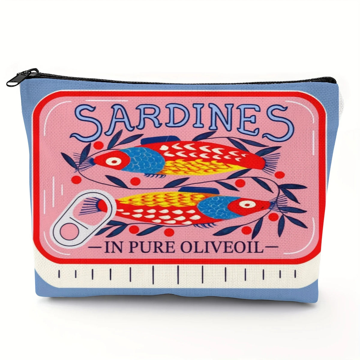 Pochette zippée avec un design vintage de sardines à l'huile d'olive sur fond rose.
