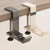 A close-up view of a foldable aluminum desk hook in gray and beige, designed to hang bags or coats from a wooden desk.
