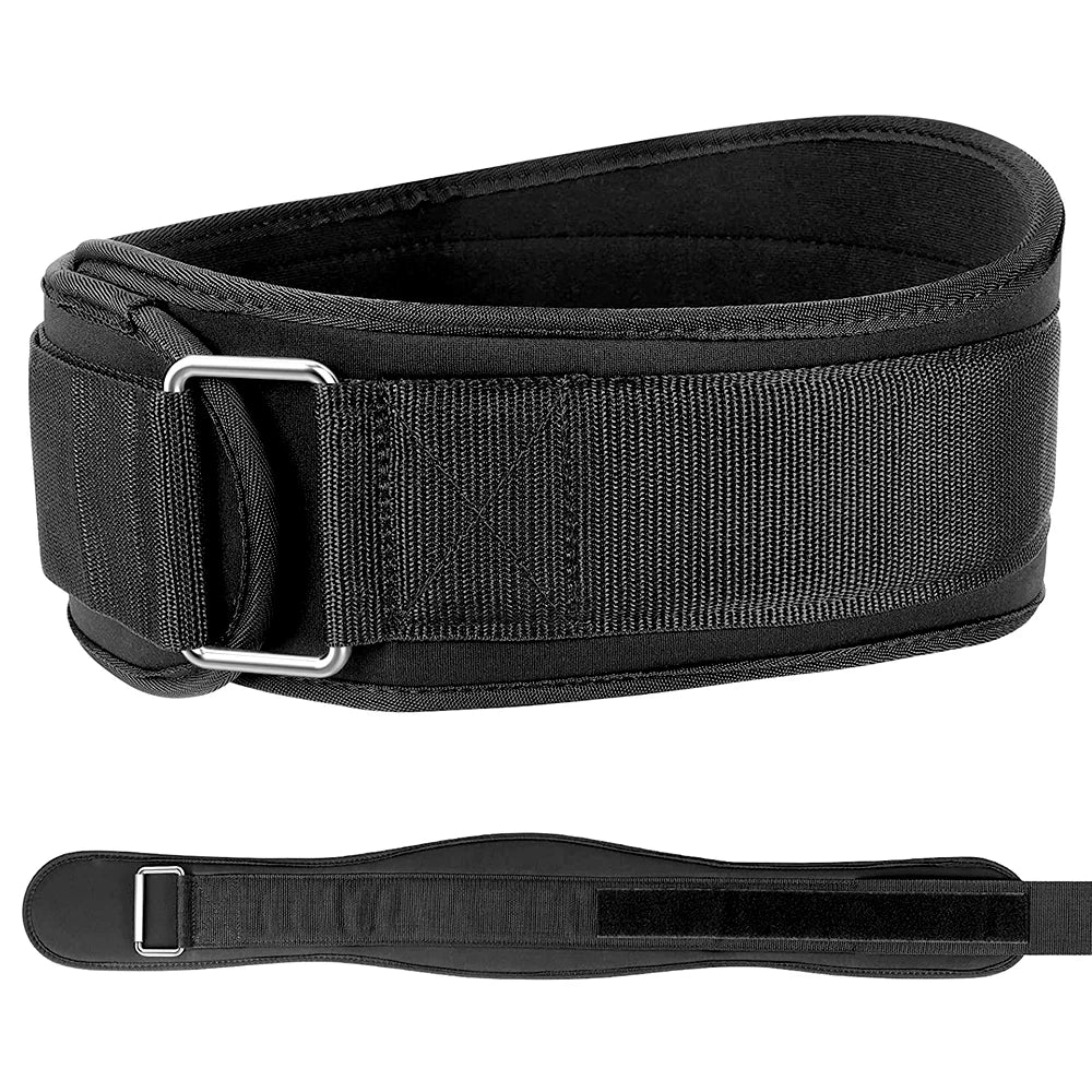 Black adjustable EVA weight lifting belt shown in two views