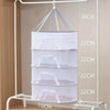 A white folding hanging drying net with mesh protection is displayed on a white rack, showing various sizes and dimensions.