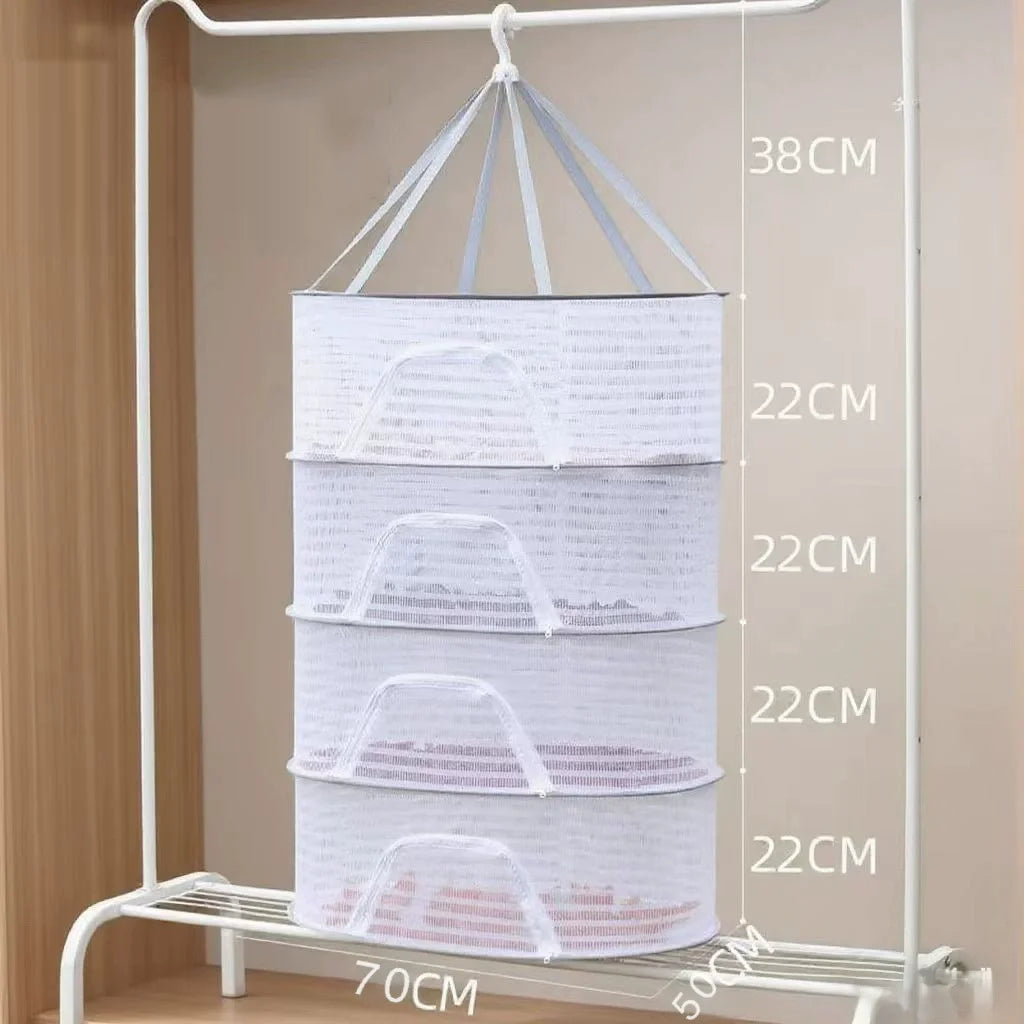 A white folding hanging drying net with mesh protection is displayed on a white rack, showing various sizes and dimensions.