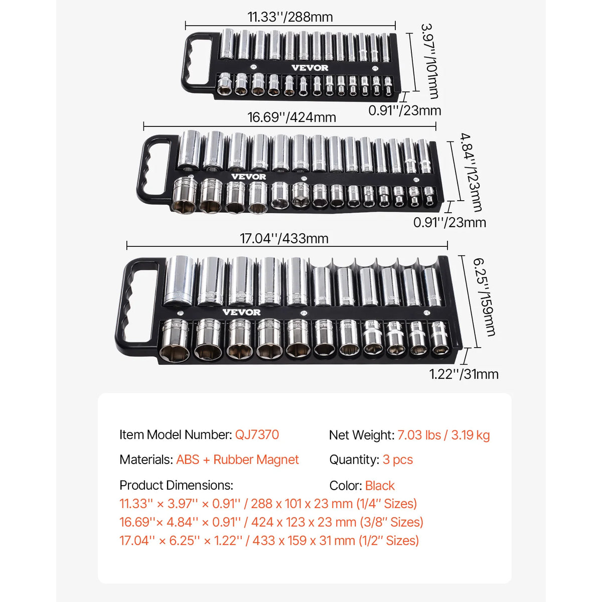 A black magnetic socket organizer tray set with multiple slots for holding tools and sockets.