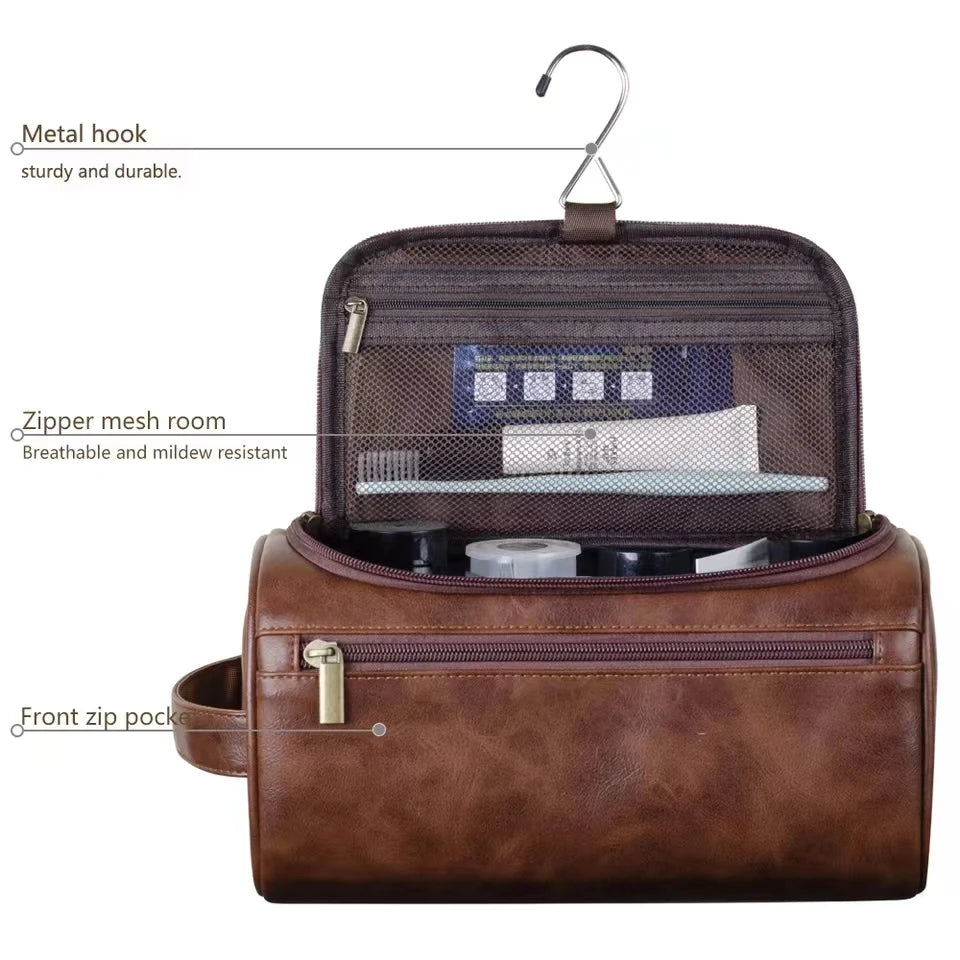 Hanging Leather Toiletry Bag with Durable Water-Resistant Design