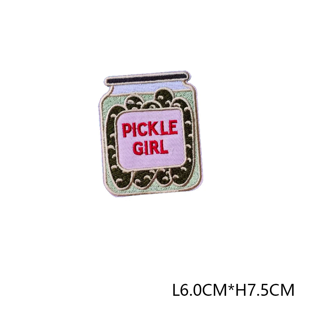 Pink and green embroidered letter patch with the text PICKLE GIRL