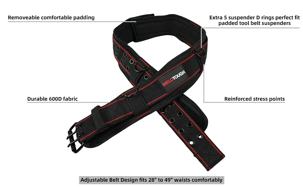Black heavy-duty padded tool belt featuring removable padding, reinforced stress points, and five D-rings for tool suspension