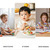 Three children are shown in different activities: playing, at dinner, and drawing.