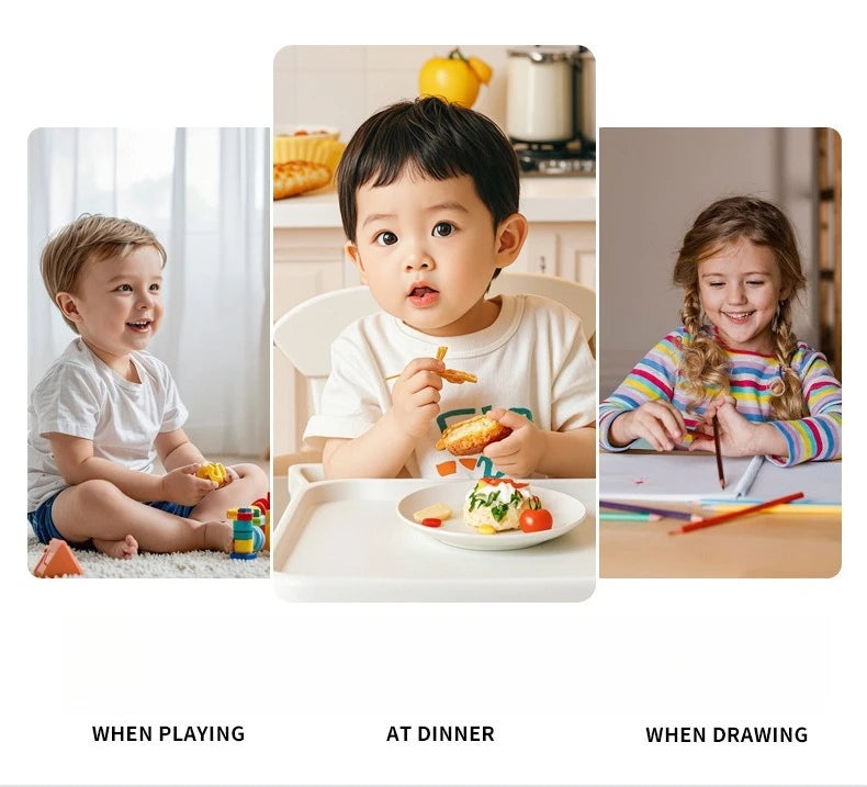 Three children are shown in different activities: playing, at dinner, and drawing.