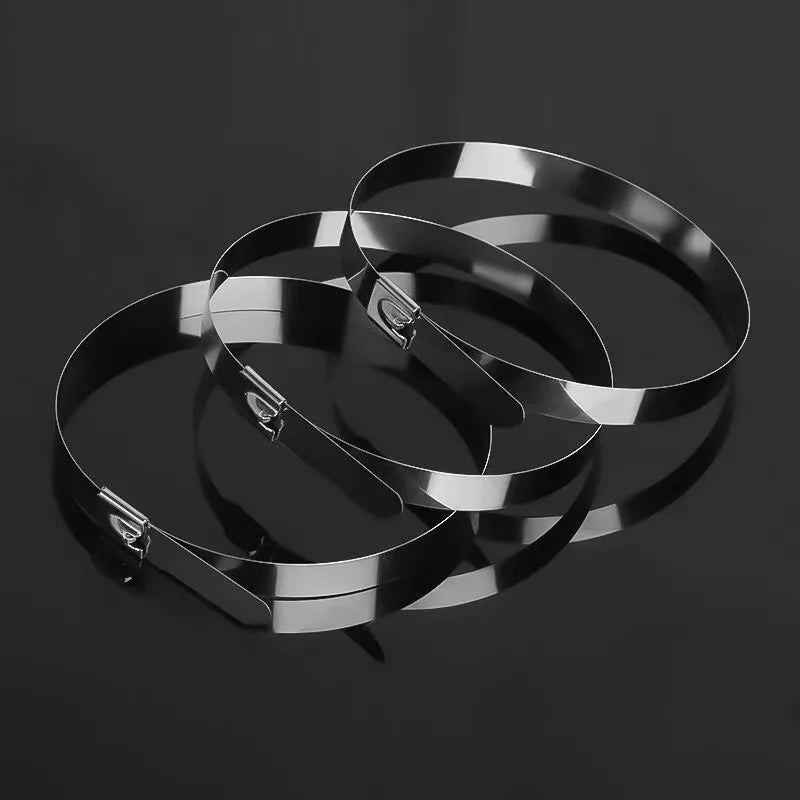 Two reusable self-locking stainless steel cable ties lying on a dark surface.