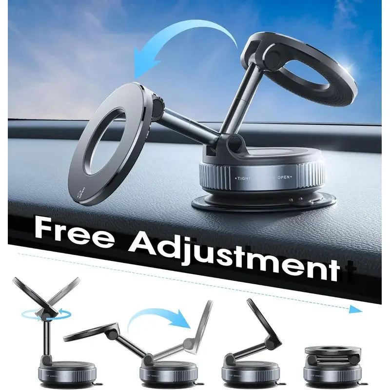 A magnetic phone mount with a flexible arm and dual vacuum suction is shown in various adjustment angles.