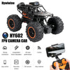 A black 1:18 RC off-road SUV with an integrated HD FPV camera and various features displayed below.