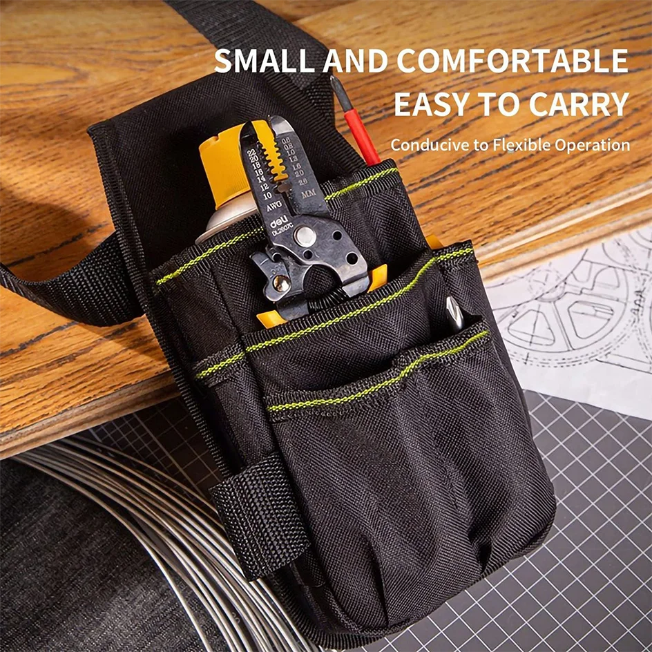 Black tool pouch with multiple pockets and a screwdriver, designed for easy carrying.
