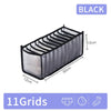A black foldable closet organizer box with 11 grids for storing underwear, socks, and accessories.