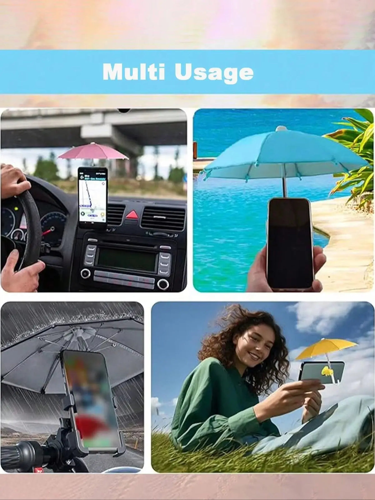 A multi-usage UV-blocking phone sunshade with an adjustable suction cup stand is shown in various outdoor contexts.