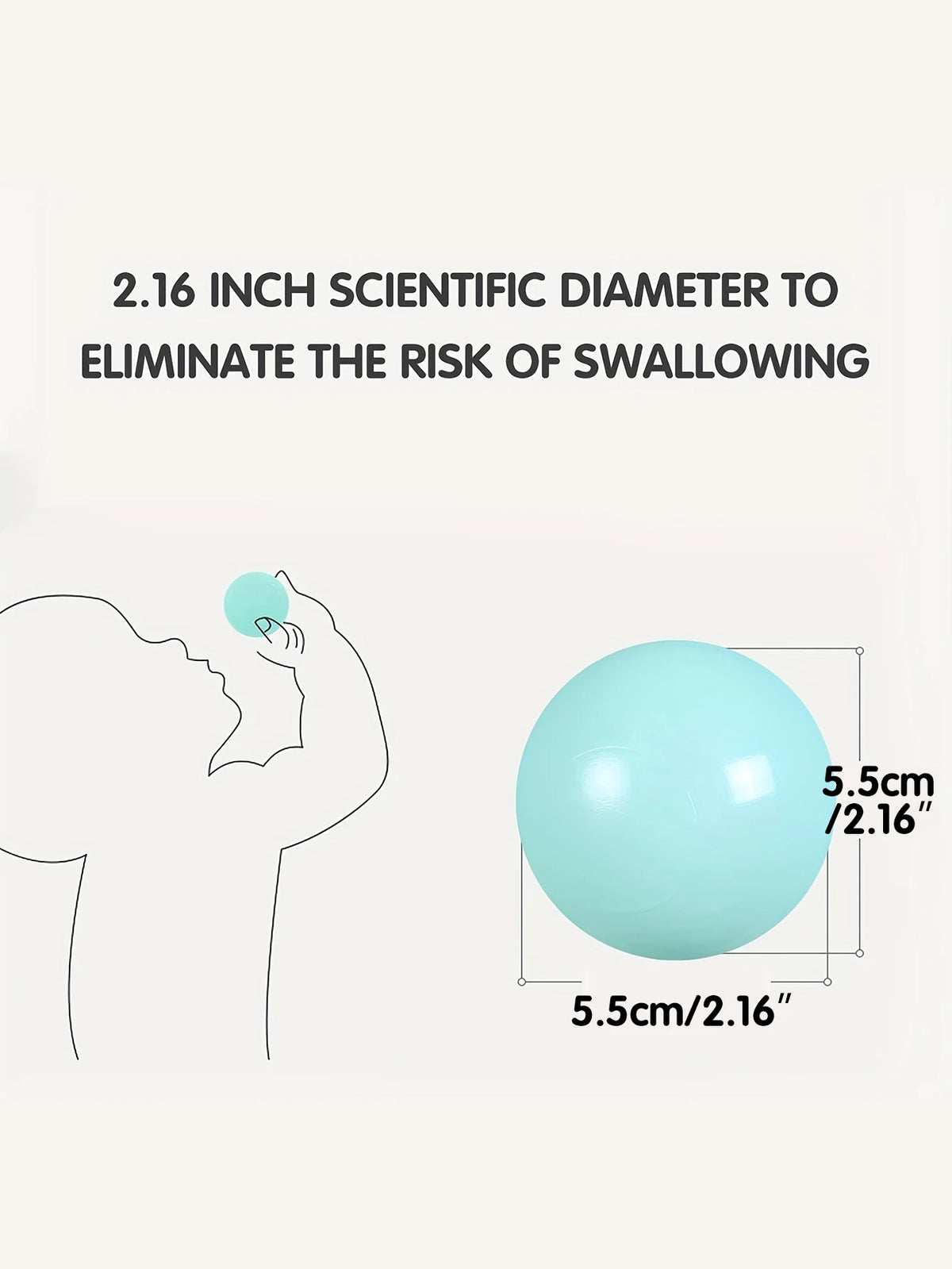 A light blue ball pit sphere is shown next to a diagram illustrating its 5.5cm or 2.16 inch diameter.