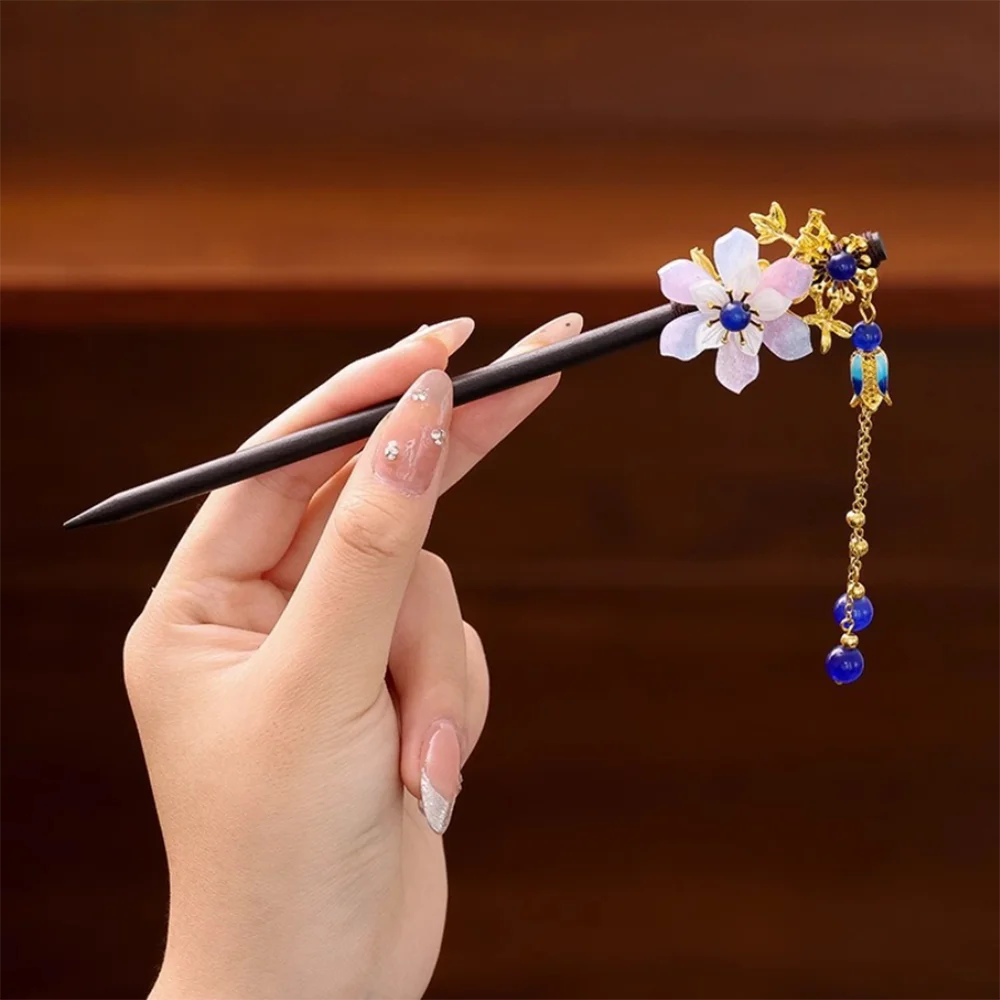 Handcrafted Wooden Hairpin with Flower Tassel