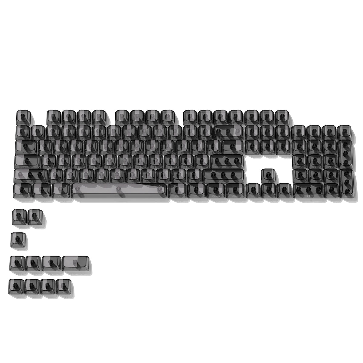 A set of 115 keycaps with an MDA profile, featuring crystal clear plastic and RGB backlighting.