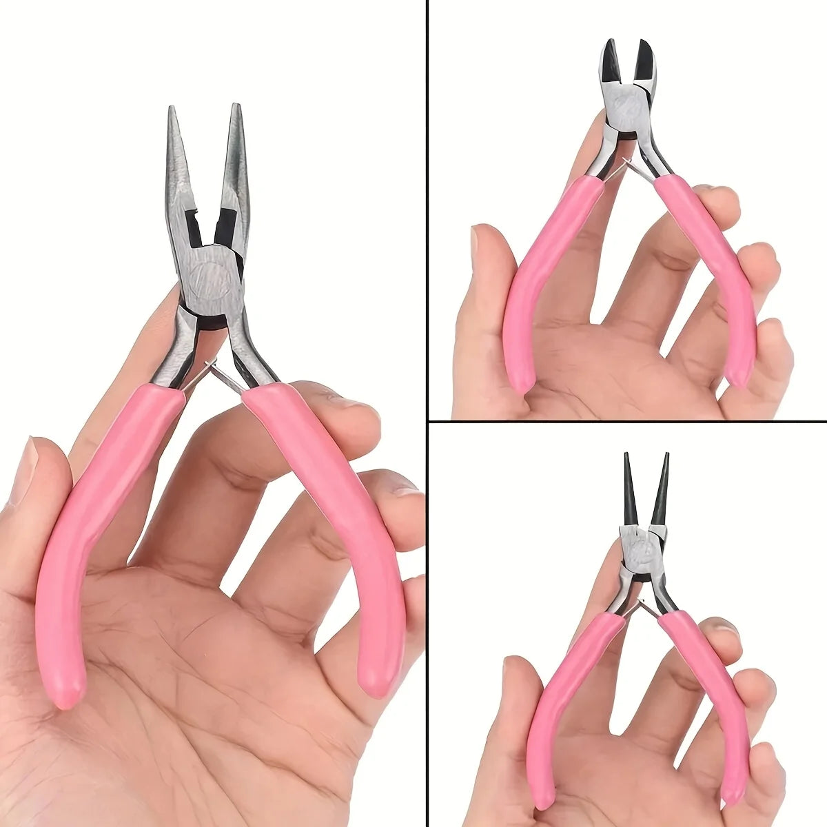 Pink Jewelry Pliers Tool Kit with Needle, Round Wire Cutter, and Curved Nose Pliers