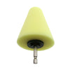 A light yellow conical sponge polishing cone with a metal tip for automotive detailing.