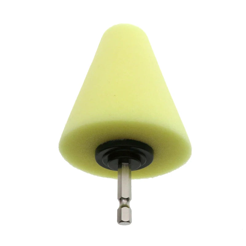 A light yellow conical sponge polishing cone with a metal tip for automotive detailing.