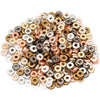 A pile of small, round acrylic spacer beads in various shades of gold, silver, and bronze.