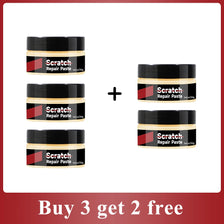 Three jars of Scratch Repair Paste product shown with a promotion banner