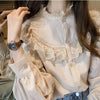 A close-up of a woman wearing a cream vintage lace long sleeve blouse with a high neckline and detailed embroidery.