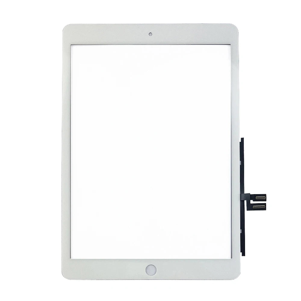 A white replacement touch screen for an iPad, showing the display area and a black cable connection.