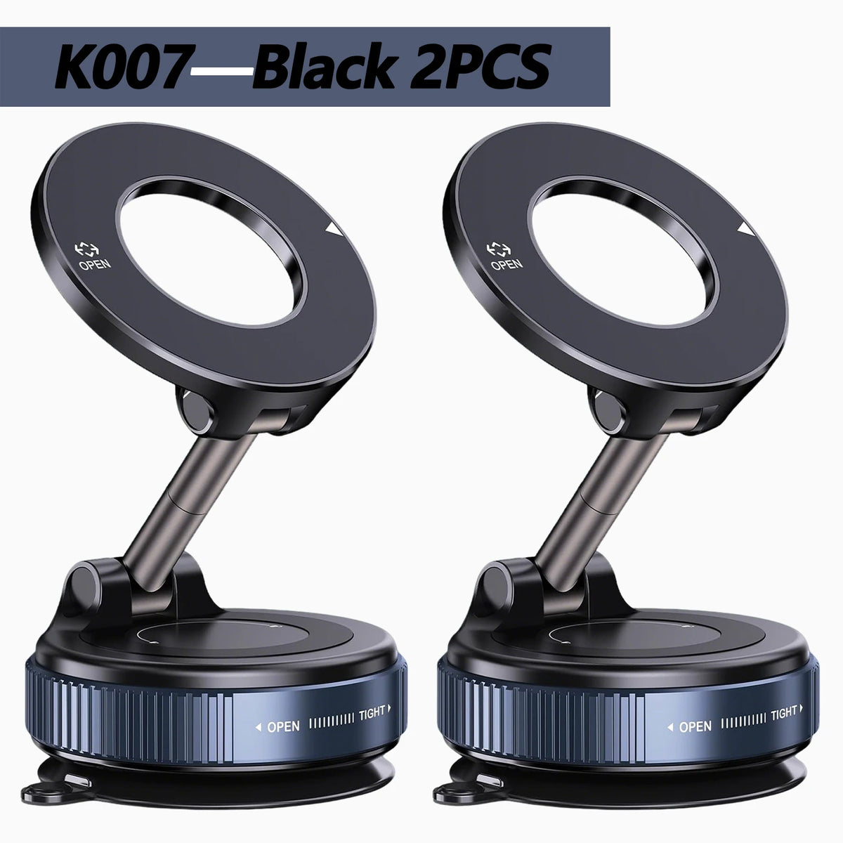 Black magnetic car phone holder with foldable adjustable arm shown in two pieces