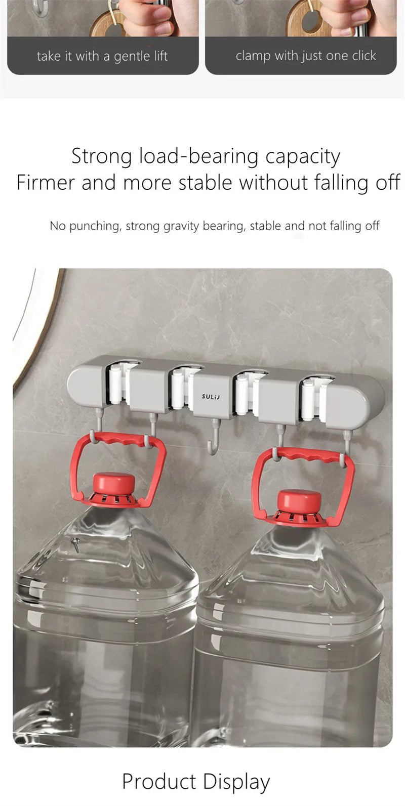 Wall-Mounted Mop and Broom Holder with Adhesive Mount