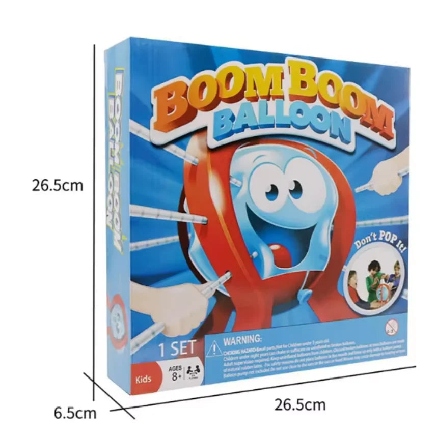 A box for a Boom Boom Balloon game set featuring colorful illustrations and text.