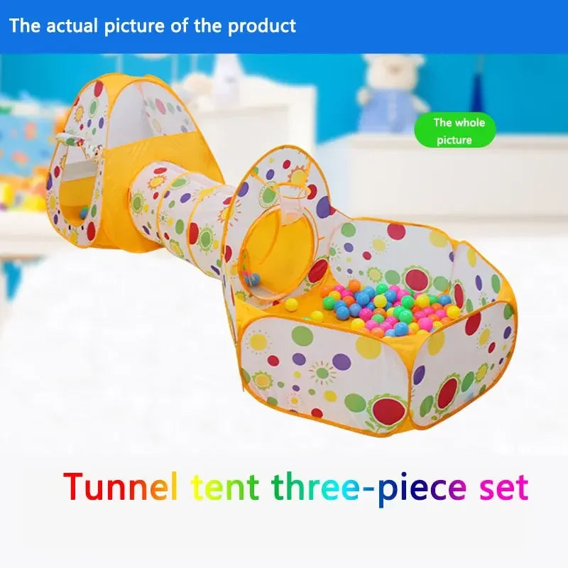A yellow and multi-colored tunnel tent three-piece set for kids, showing the entrance and interior view.