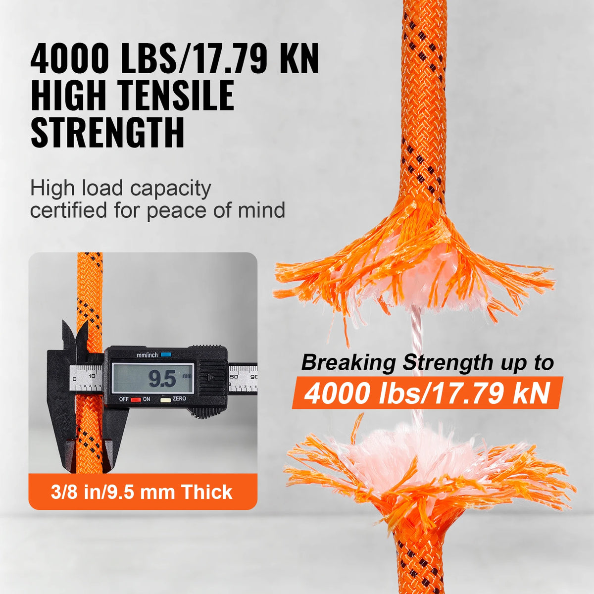Close-up of a bright orange high tensile strength rope with frayed ends demonstrating its breaking strength.