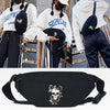 Black linen waist pack featuring a skull design worn by a person.