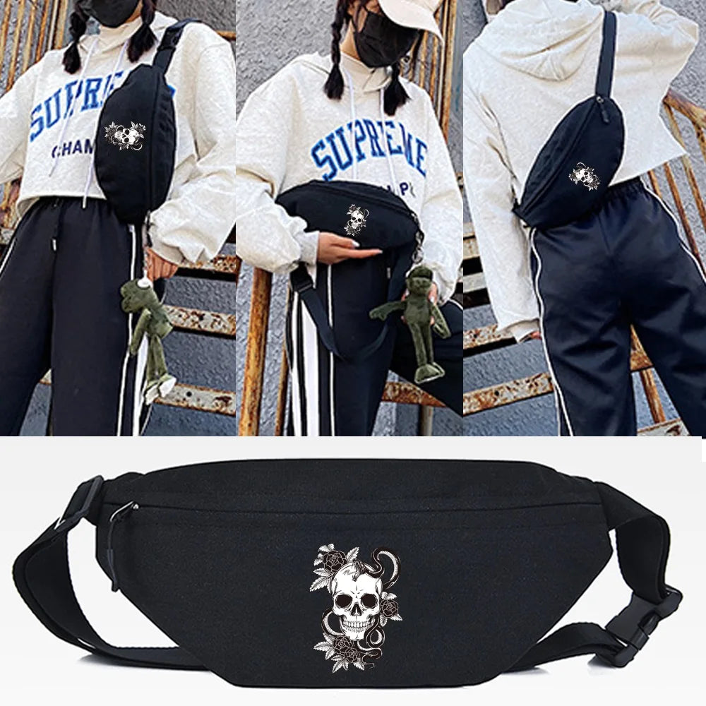Black linen waist pack featuring a skull design worn by a person.