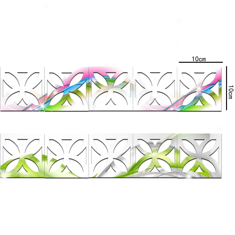 A set of acrylic mirror wall stickers featuring decorative edges and borders with iridescent colors.