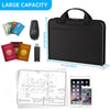 Black fireproof waterproof document organizer bag with multi-compartment design and a technical diagram.