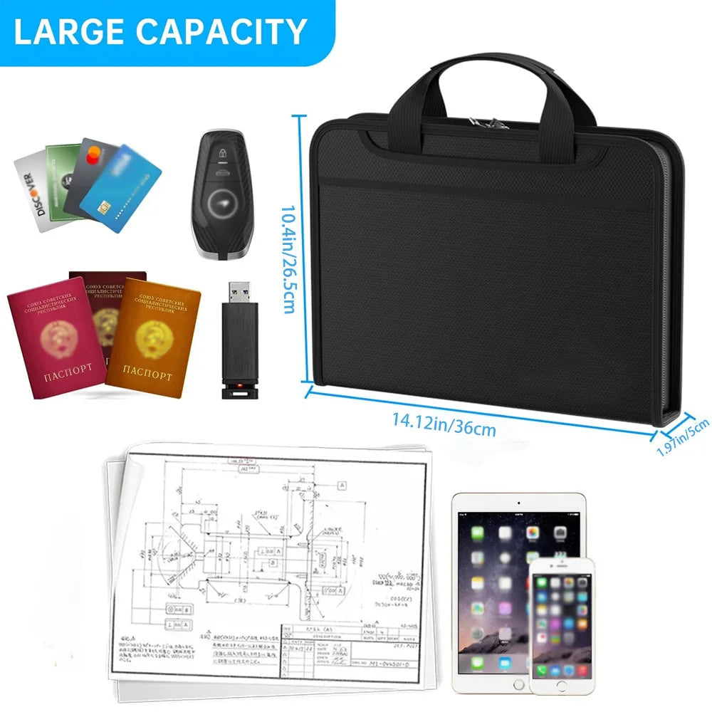 Black fireproof waterproof document organizer bag with multi-compartment design and a technical diagram.