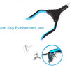 A black and blue foldable extra-long pickup tool with a non-slip rubberized jaw is shown, along with disassembled parts.
