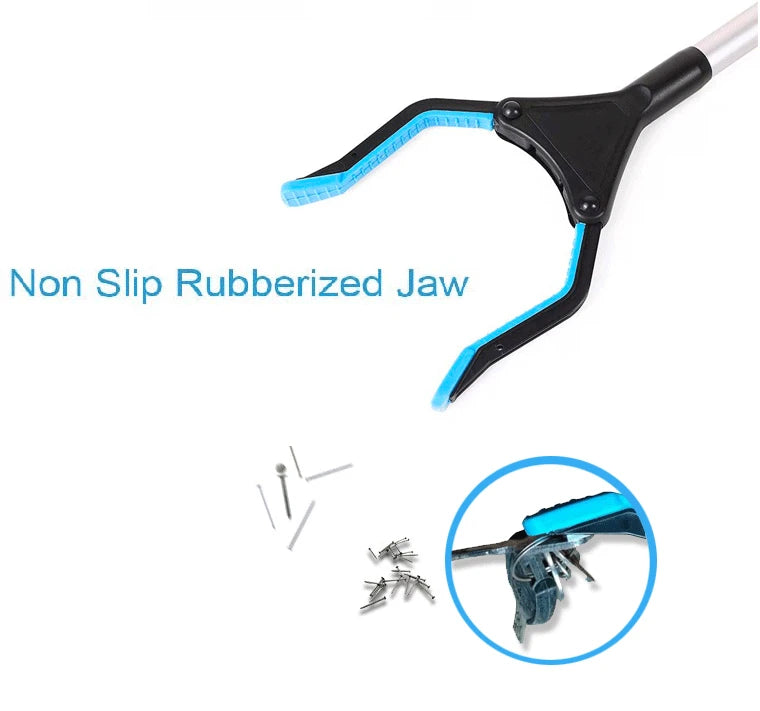 A black and blue foldable extra-long pickup tool with a non-slip rubberized jaw is shown, along with disassembled parts.