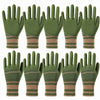 A set of olive green gardening gloves with brown stripes shown from the palm view.